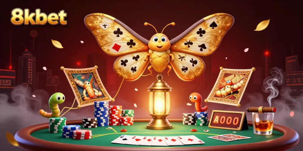 Experience the thrill of 8kbet with vibrant casino scenes featuring a majestic moth and luxurious poker details in 3D.