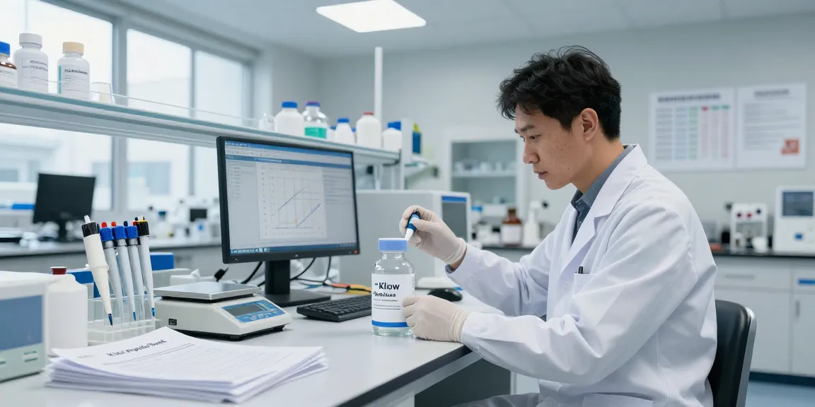 buy KLOW in a modern lab setting with a researcher analyzing a peptide stack vial, emphasizing quality documentation.