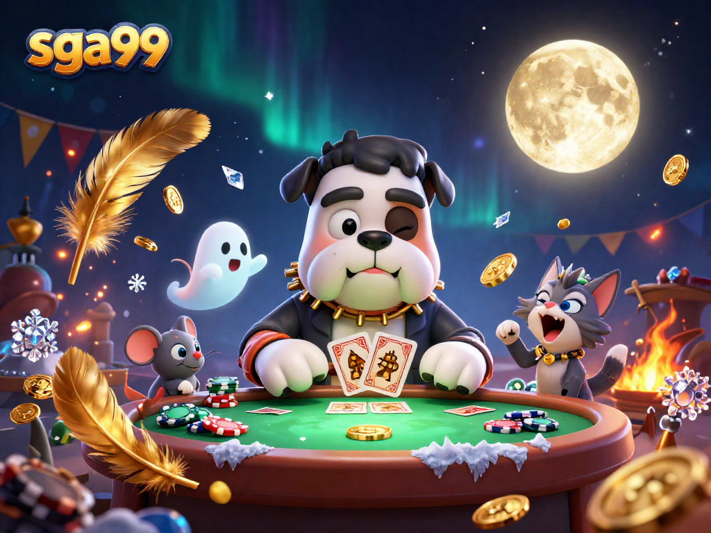 Experience thrilling card games at sga99 with a whimsical 3D illustration featuring lively casino characters.