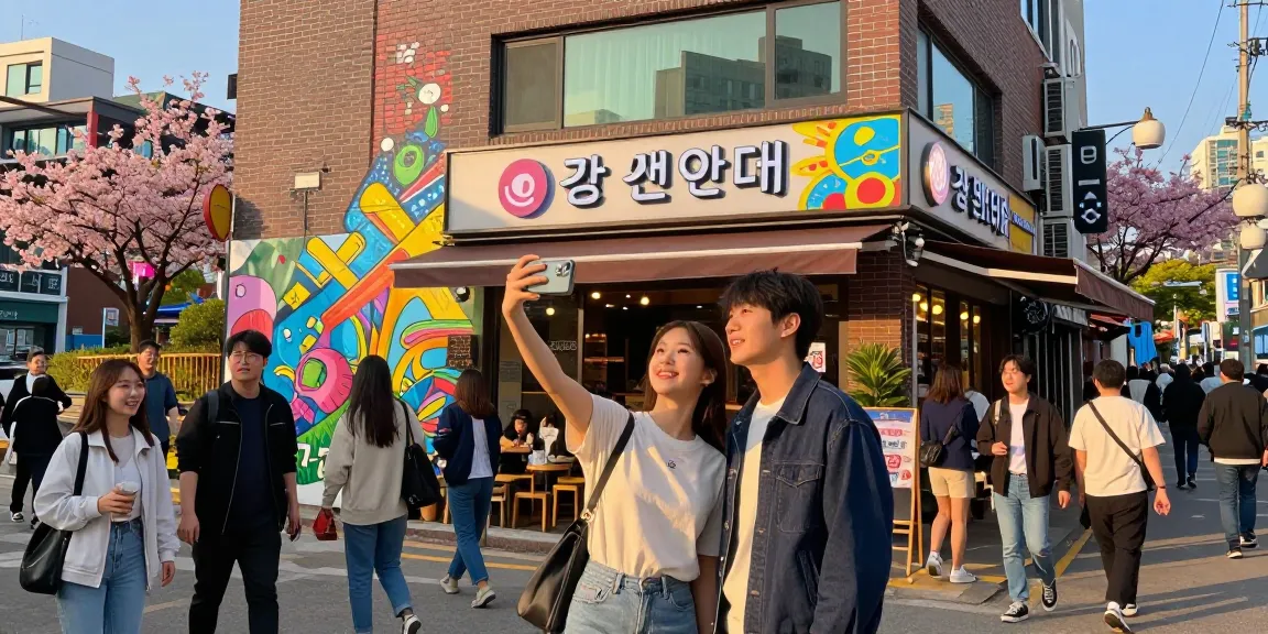 강남 세이렌을 배경으로 유명 카페 앞에서 즐거운 모습을 보이는 젊은 커플