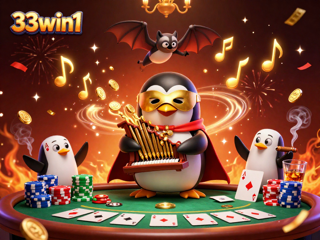 Experience thrilling action at 33win1 with a vibrant casino-themed illustration featuring a penguin playing an organ.