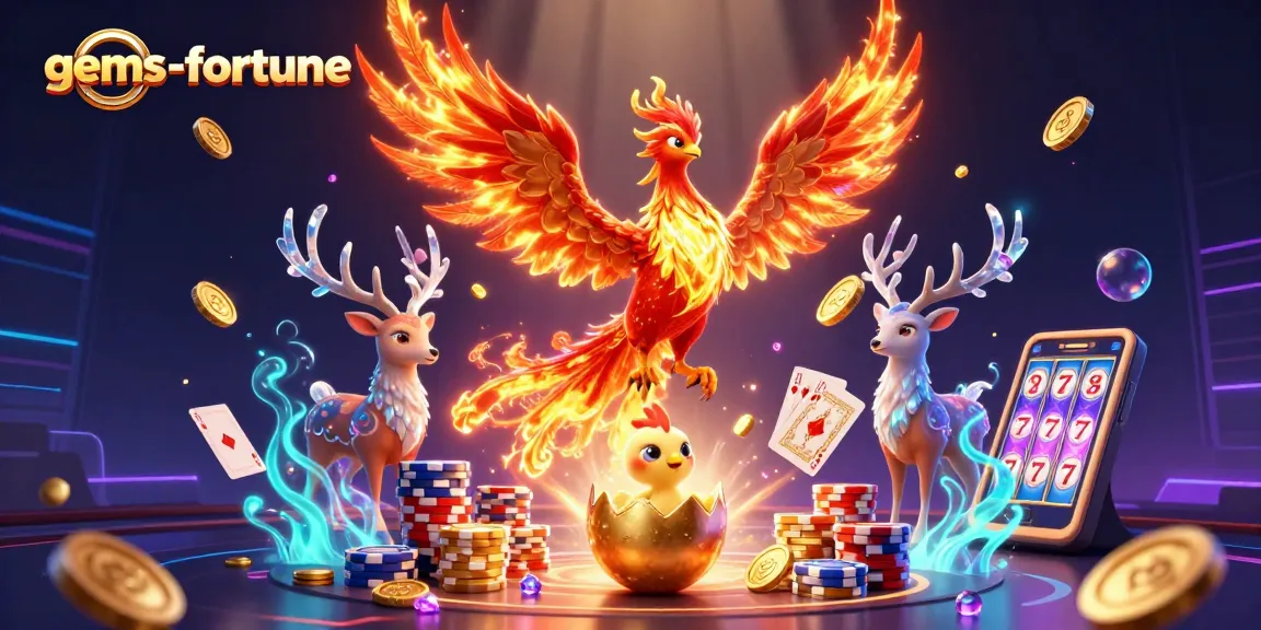Win big with gems-fortune in this vibrant casino scene featuring dazzling phoenix and magical stag!