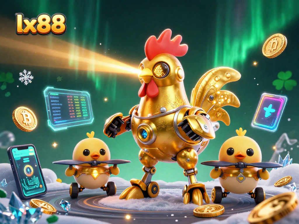 Experience thrilling gaming at lx88 with the dynamic golden rooster robot shooting lasers amidst cryptocurrency elements.