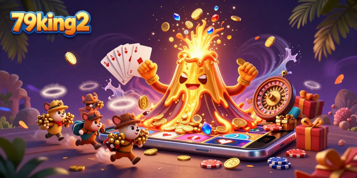 79king2 celebrates wins with a vibrant casino scene featuring a golden volcano, treasure, and games.