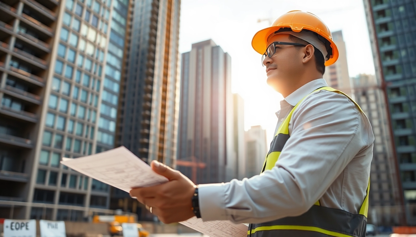 New York Construction Manager overseeing a bustling urban construction site with blueprints.