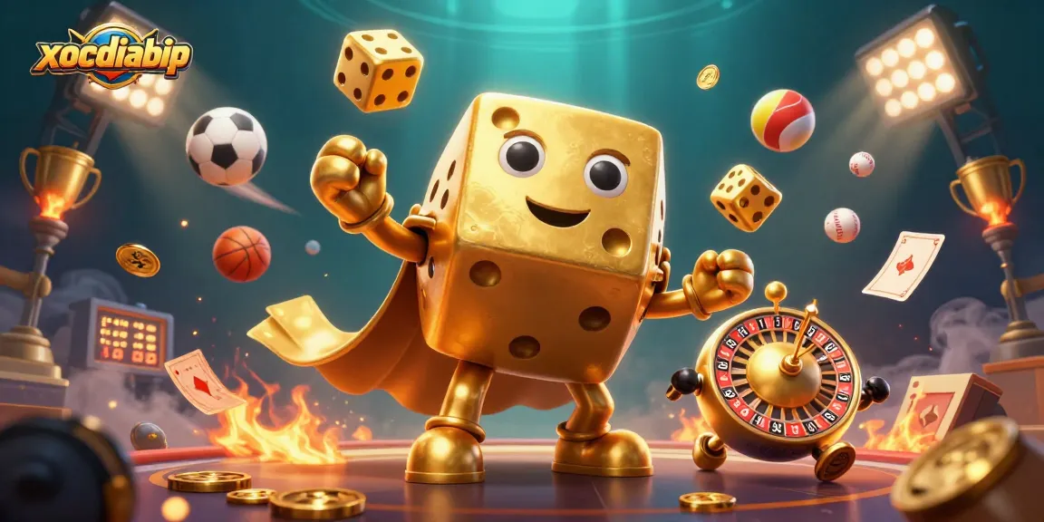 xocdiabip showcases a massive golden dice golem juggling smaller golden dice, representing sports betting excitement.