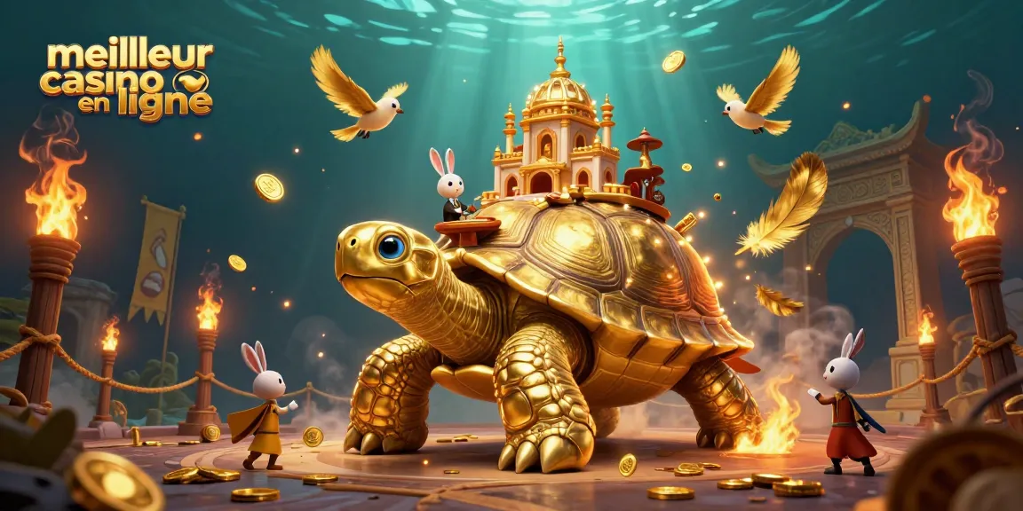 Plateau de jeu animé d'un meilleur casino en ligne avec tortue dorée et jetons captivants