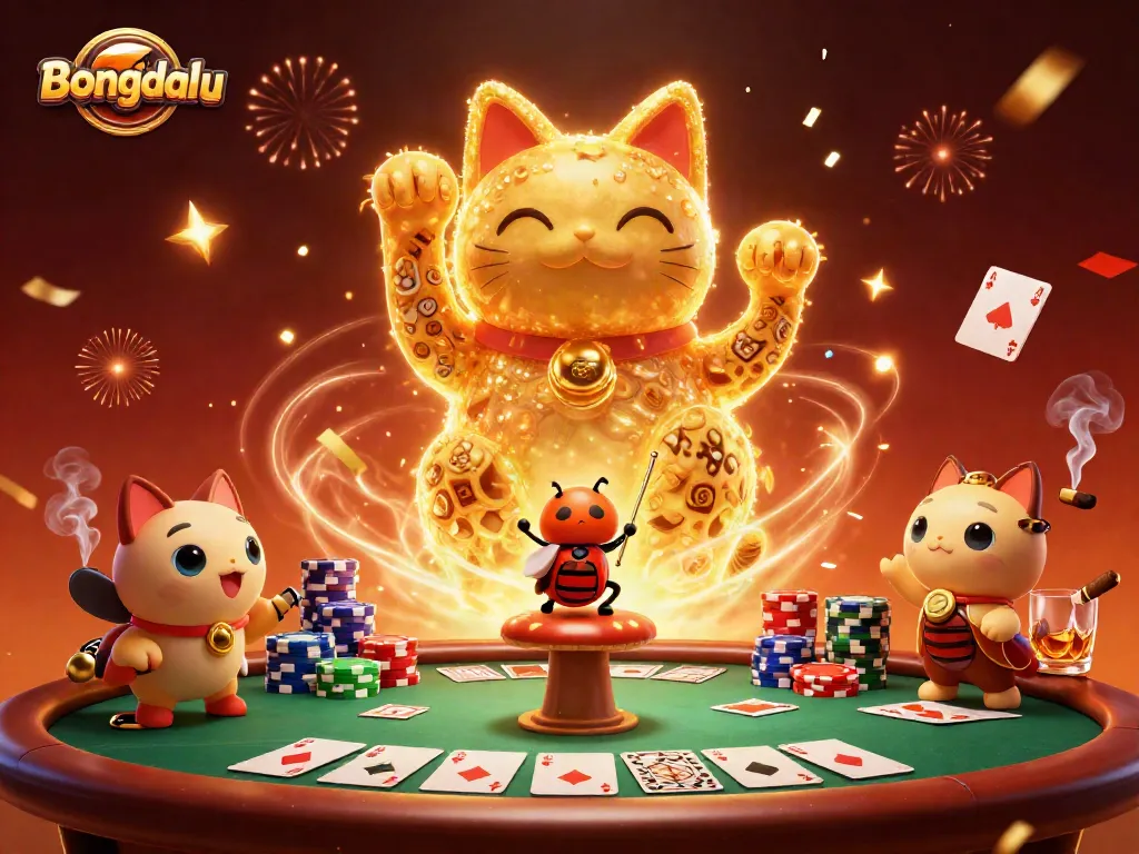 Bongdalu displays a dynamic scene with a lucky cat made of fireflies among poker elements and confetti bursts.