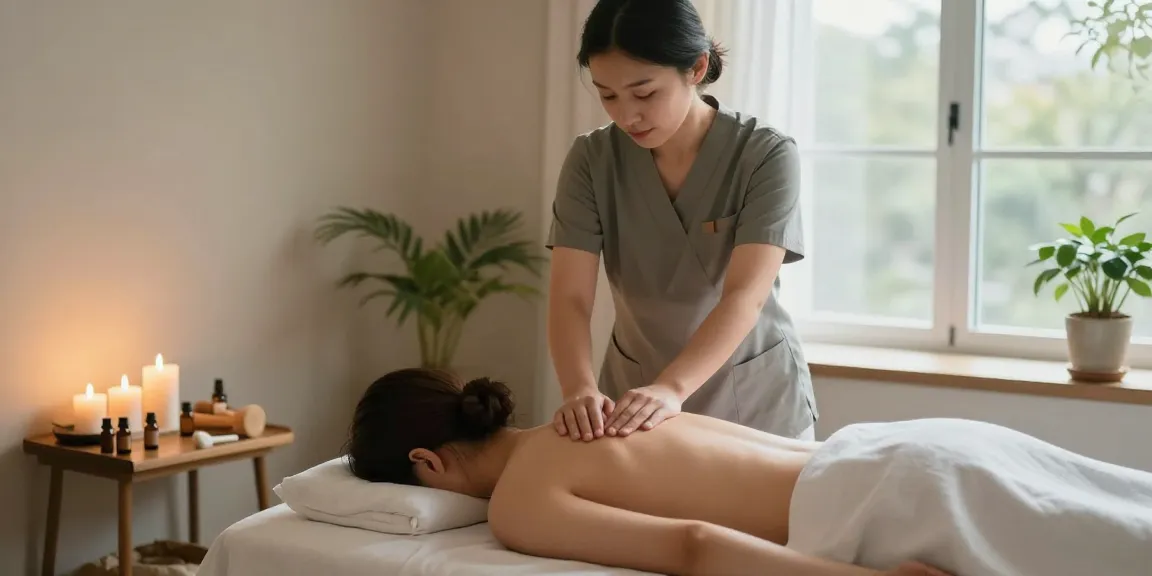 마사지 중인 편안한 스파 환경, 아로마와 자연광이 어우러진 공간