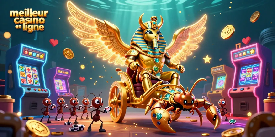 Image illustrant le meilleur casino en ligne avec des scorpions joaillés et un scarabée colossal, entouré d'éléments de jeu.