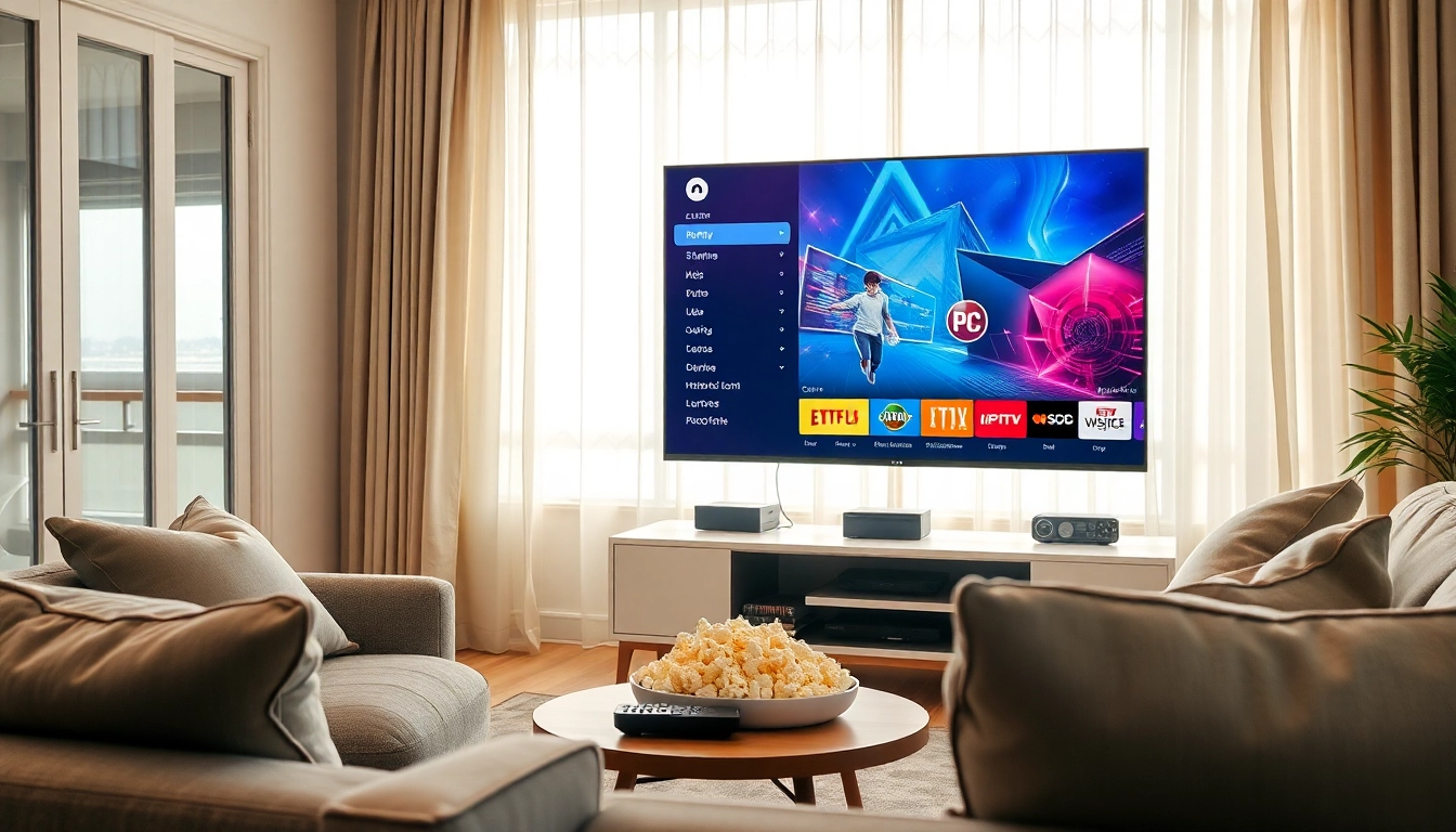 Enjoy your iptv free trial experience with a cozy home entertainment setup featuring a modern TV.
