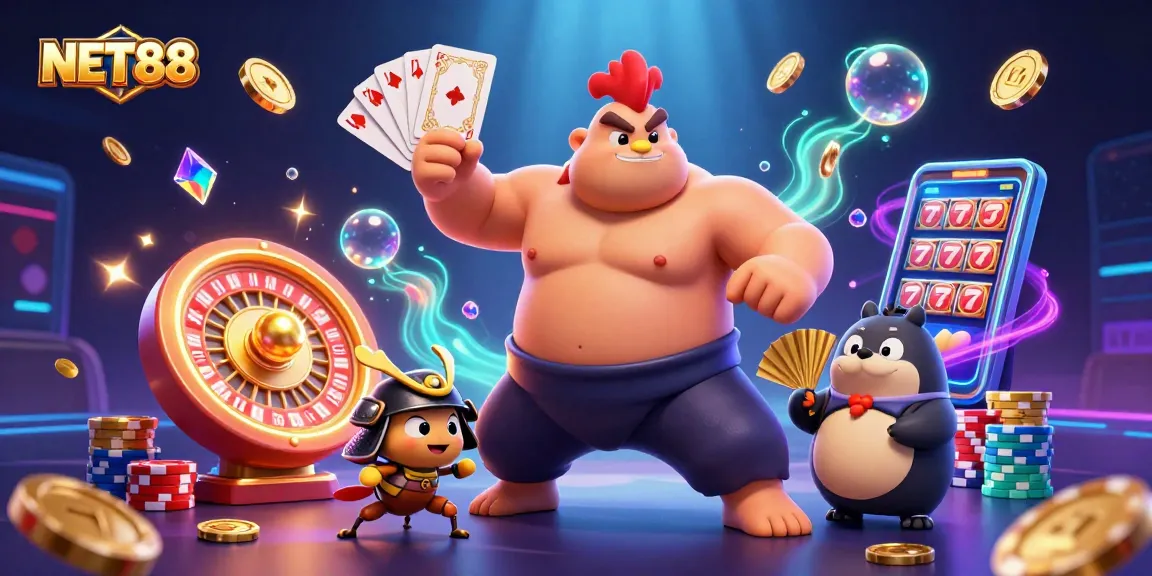 Experience thrilling casino action with NET88, featuring vibrant characters and dynamic gambling elements.