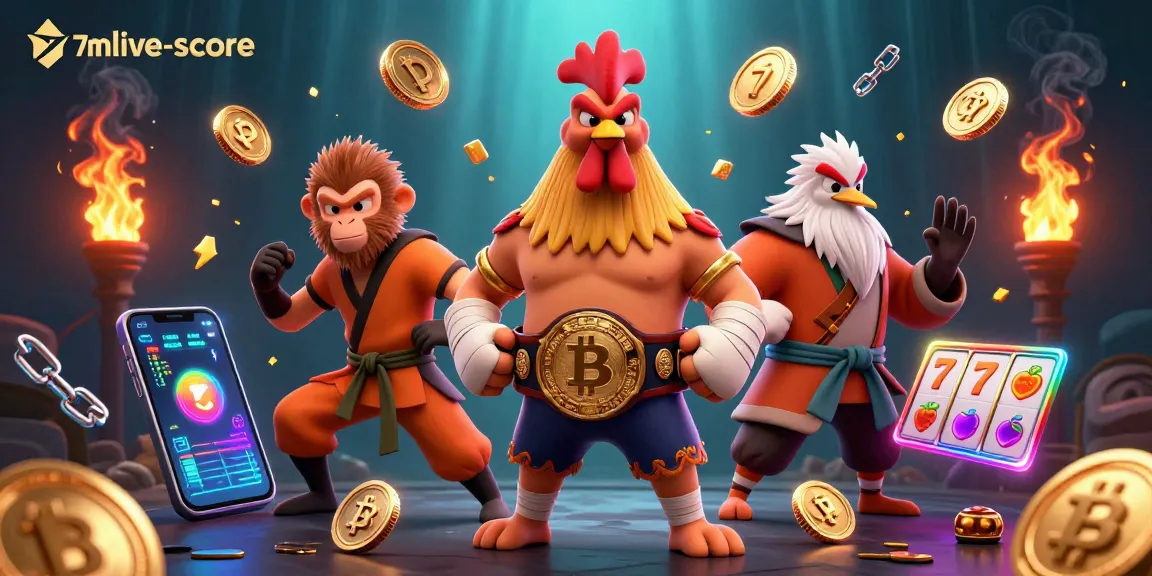 Battle for crypto supremacy in 7mlive-score with roosters and martial artists amidst Bitcoin coins.