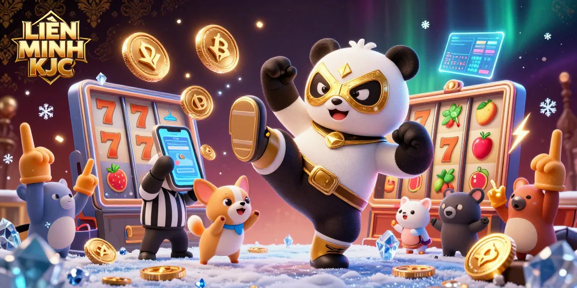 Engage with LIÊN MINH KJC as a wrestler panda delivers a flying kick amidst dynamic slot game elements.