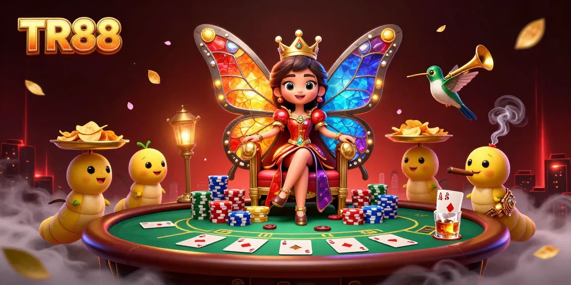 Experience the excitement of TR88 with a vibrant casino scene featuring a butterfly queen and poker elements.