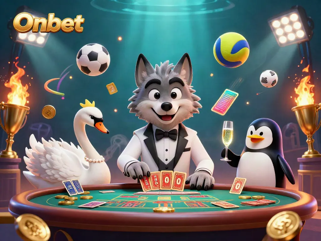Experience thrilling gameplay with Onbet, featuring a debonair wolf and elegant swan at a baccarat table.
