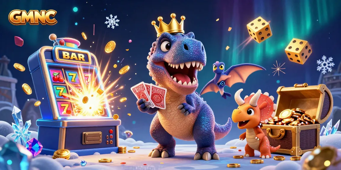 GMNC showcases a fun 3D dinosaur casino scene with cards, chips, and slot machine excitement.