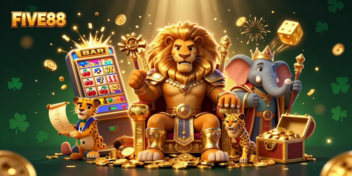Experience excitement at FIVE88 with a dynamic 3D casino scene showcasing vibrant game elements.