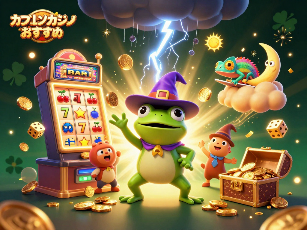 オンラインカジノ おすすめゲームを楽しむ魔法のイラスト、スロットやコインが飛び交うシーン。
