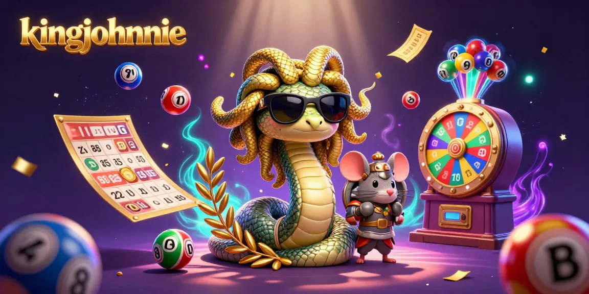 Engage with kingjohnnie's vibrant casino scene featuring Medusa and a warrior mouse amid lottery games.