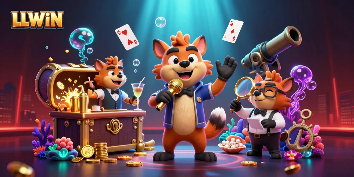 LLWIN comedy casino club scene featuring hyenas as comedians, bartenders, and bouncers amidst vibrant gambling elements