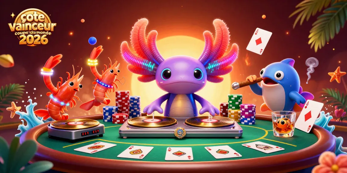 Pariez sur la cote vainqueur coupe du monde 2026 avec une illustration dynamique de DJ axolotl et amis accrochés à des éléments de poker.