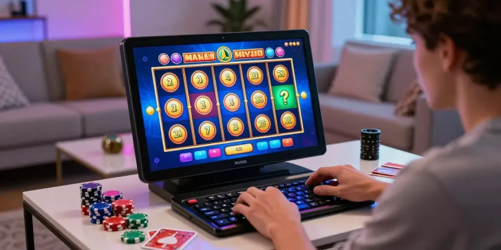 Engaged player enjoying สล็อตเว็บตรง slot games in a stylish home setup.