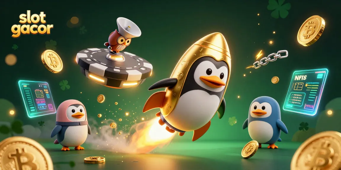 Experience the thrill of slot gacor in a vibrant casino-themed 3D illustration featuring a golden penguin and crypto elements.