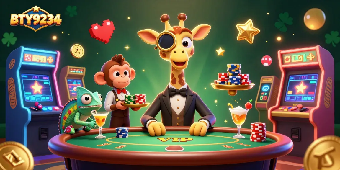 Engage with BTY9234 at the vibrant casino scene featuring a giraffe, monkey, and chameleon.