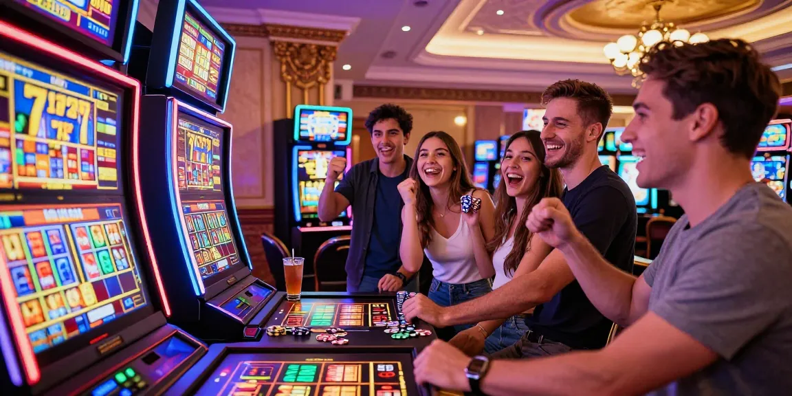 Exciting Slot 777 gaming scene with friends celebrating wins in a lively casino atmosphere.