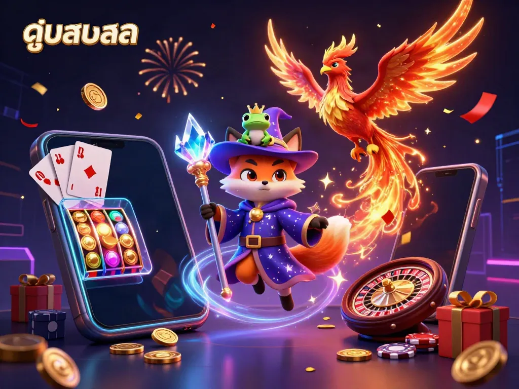 Experience the thrill of ดูบอลสด with enchanting render featuring a 3D wizard fox, phoenix, and gaming elements.