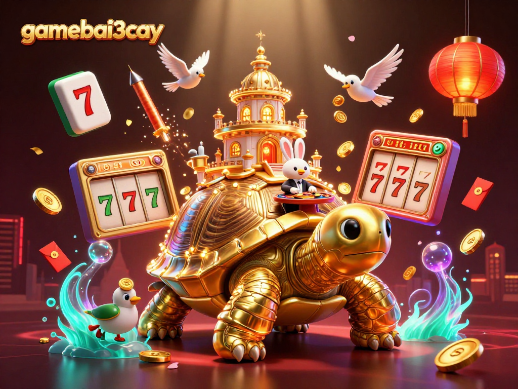 Experience gamebai3cay's vibrant casino world with a giant tortoise and exciting gaming elements.
