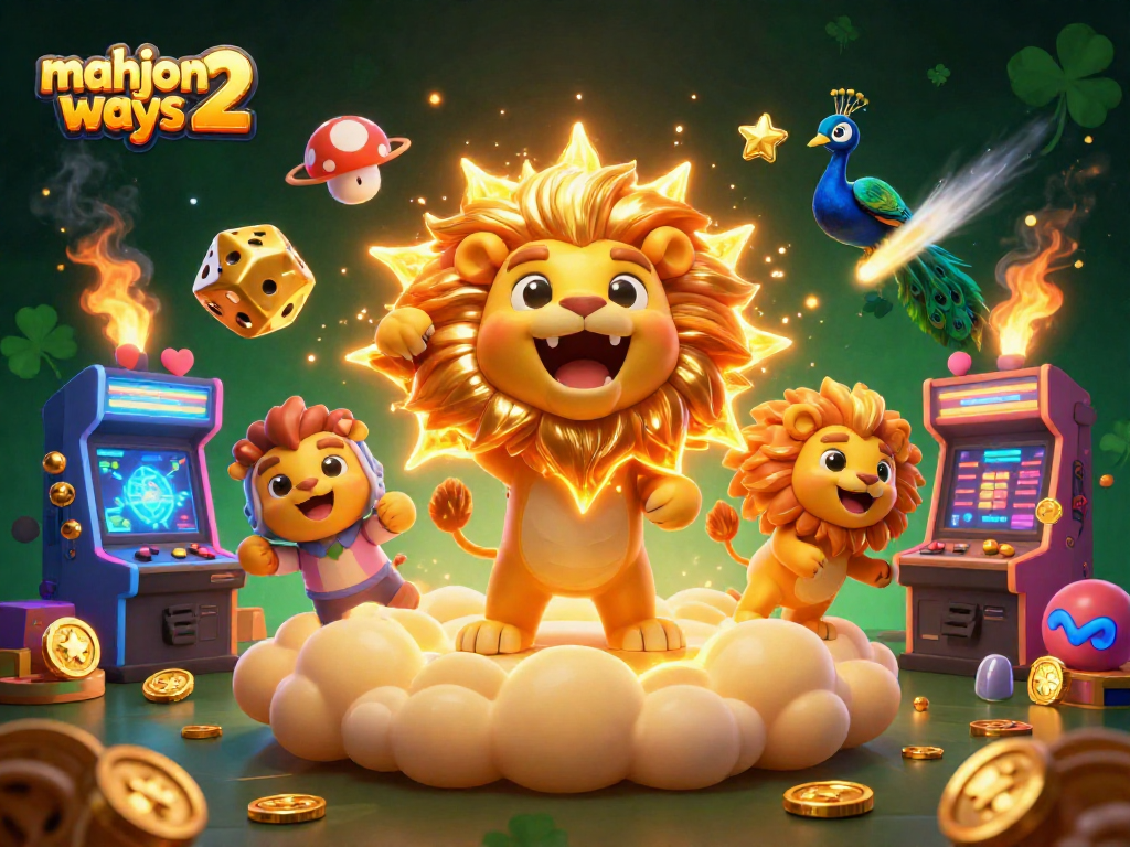 Play mahjong ways 2 with vibrant casino art featuring a roaring sun lion and golden dice.