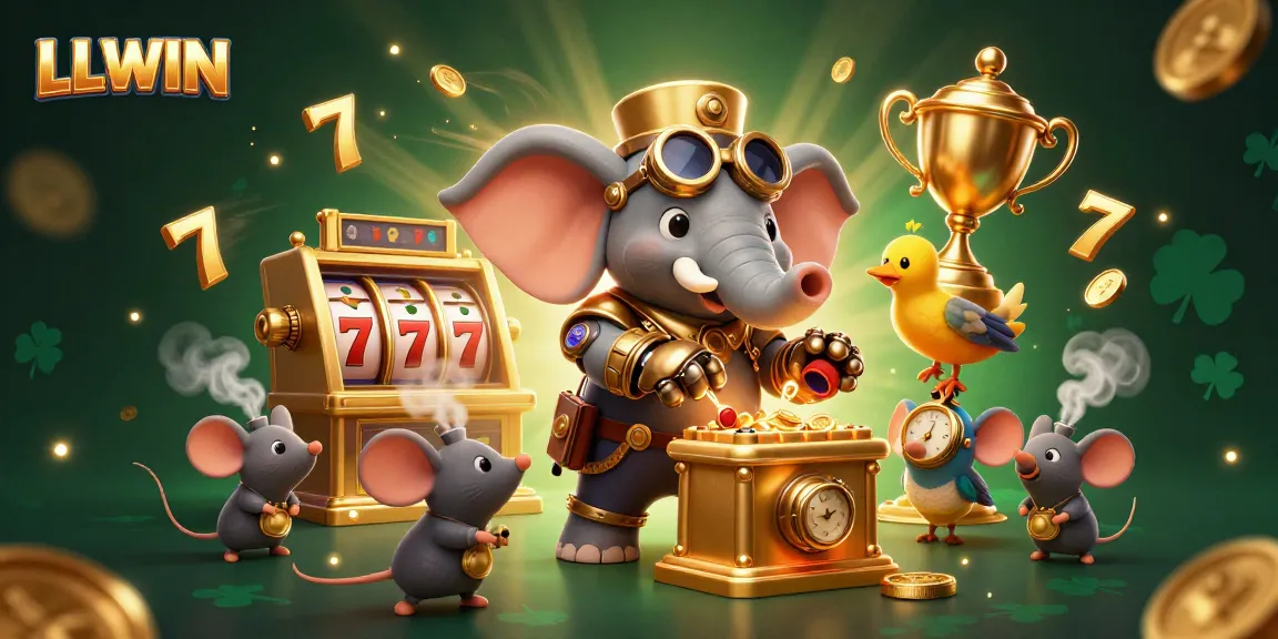 Experience the thrill of LLWIN with a steampunk elephant operating a vibrant golden slot machine surrounded by dynamic gaming elements.
