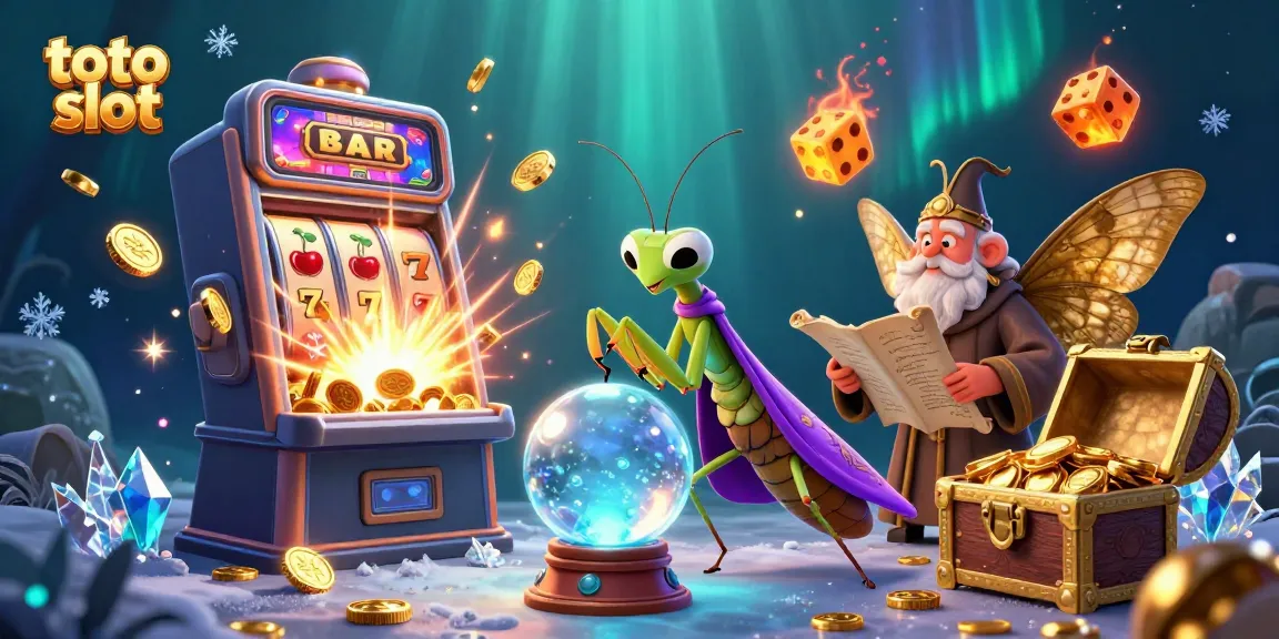 Menang di toto slot dengan slot mesin 3D dan simbol keberuntungan yang mengelilingi karakter menarik.