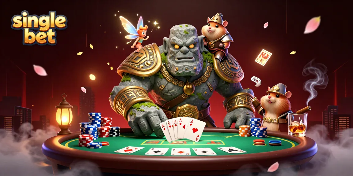 Engage in a thrilling single bet scene with a golem guardian, fairy magic, and poker excitement.