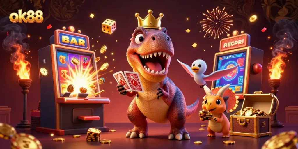 Experience jackpot thrills with ok88: a fun scene of a T-Rex playing cards amidst exploding slots and golden treasures
