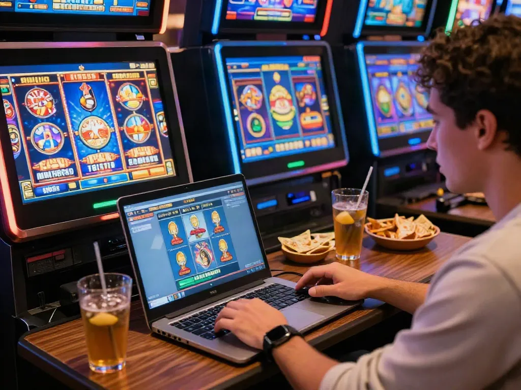 Player enjoying slot online games on a laptop in a cozy gaming setup