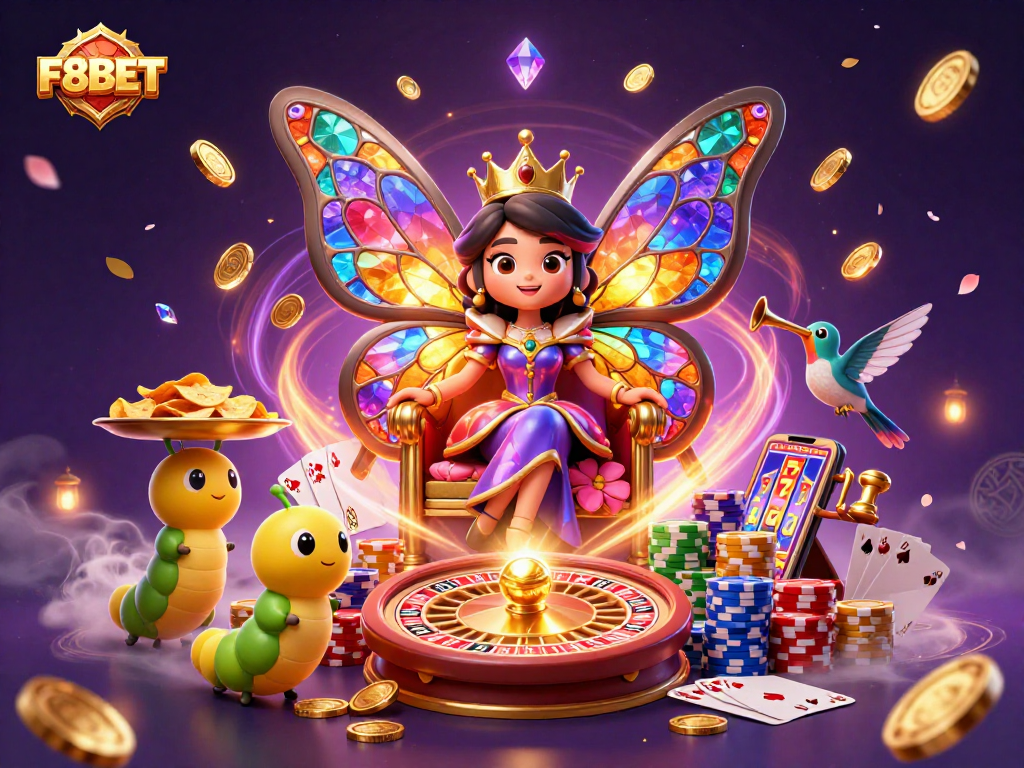 Experience the vibrant gaming world of F8BET with 3D characters and dynamic casino elements.