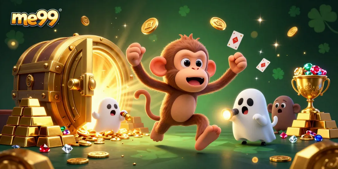 Experience me99's thrilling haunted casino with enchanting treasures, golden light, and playful ghost characters.