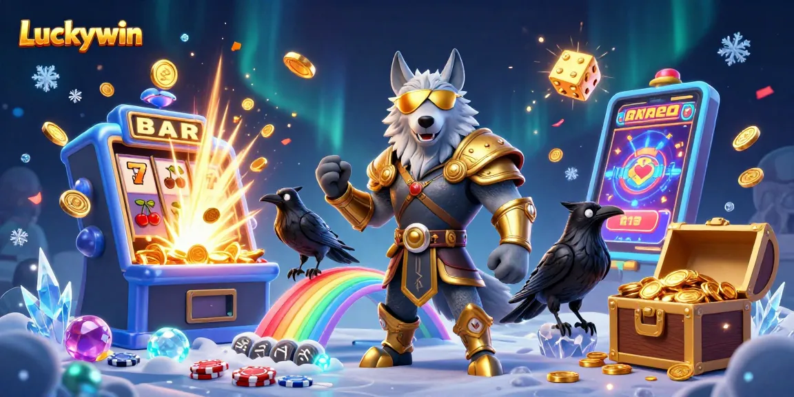 Experience Luckywin: A vibrant casino scene featuring mythology-inspired characters, slot machines, and coins.