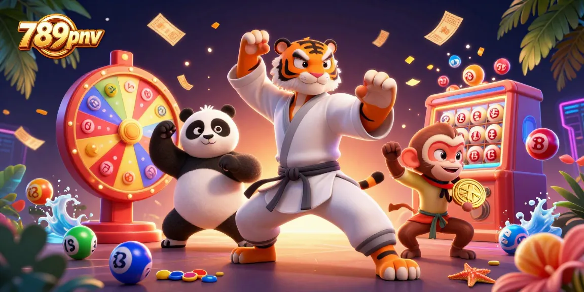 Engage in thrilling gaming with 789pnv's animated scene featuring vibrant lottery elements and characters.