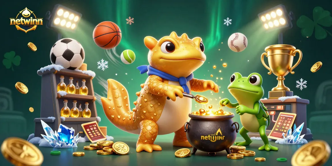 Experience netwinn's exciting alchemy as golden coins overflow amidst dynamic sports elements in a vibrant casino scene.