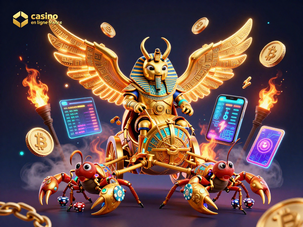 Un jeu captivant au casino en ligne en France avec un scarabée en or et des jetons de poker lumineux.