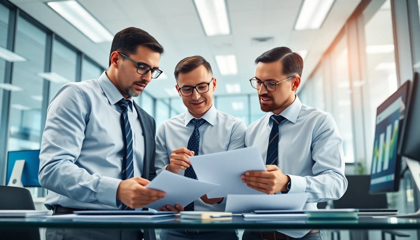 Visualize FCPA/DCAA compliance teamwork in a modern, tech-driven office.