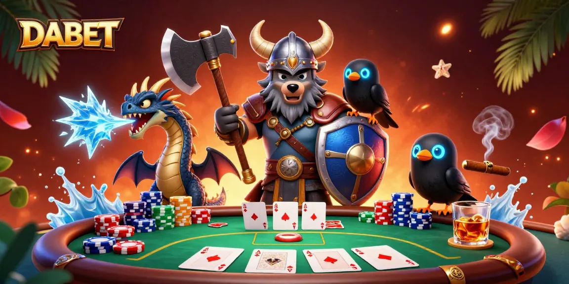 DABET showcases a Viking wolf warrior, fierce dragon, and raven at a poker table filled with chips and cards.