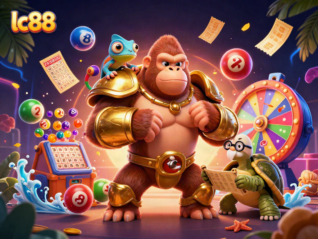 Engage with vibrant lottery excitement at lc88, featuring colorful balls and winning elements in a dynamic scene.