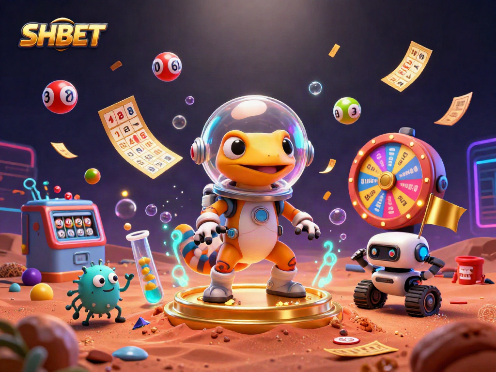 Engage with vibrant SHBET visuals of a Martian gecko discovering a casino amid colorful lottery action.