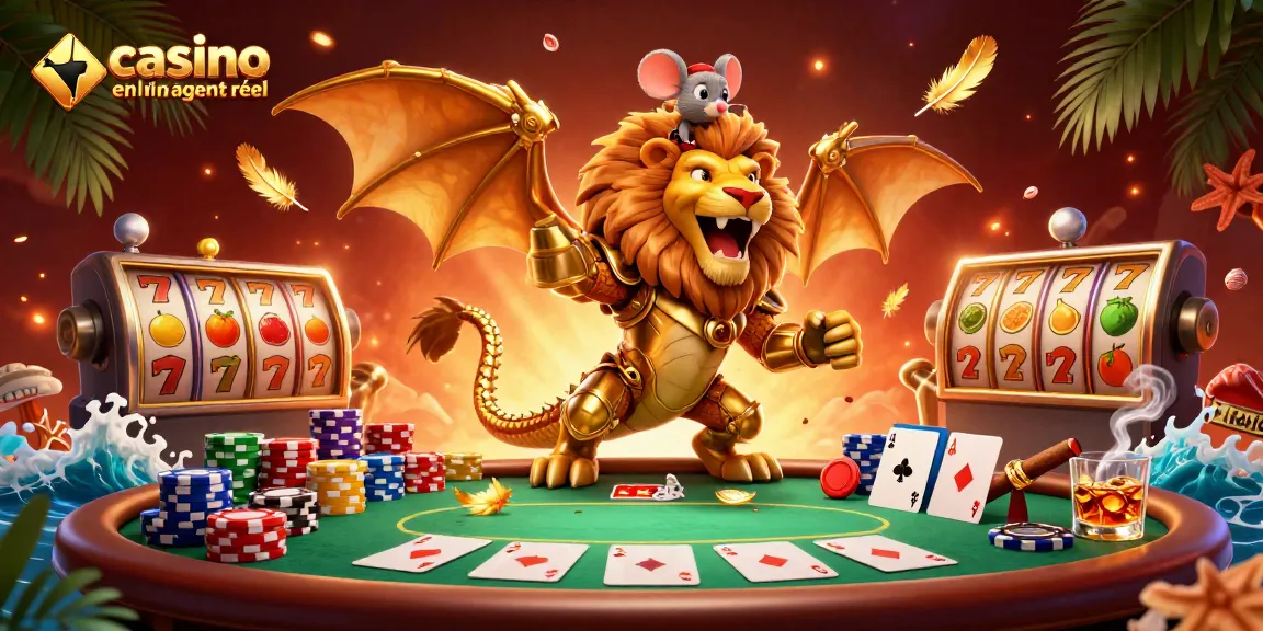Découvrez la scène dynamique de jeu sur un casino en ligne argent réel avec un chimère et des éléments du poker.