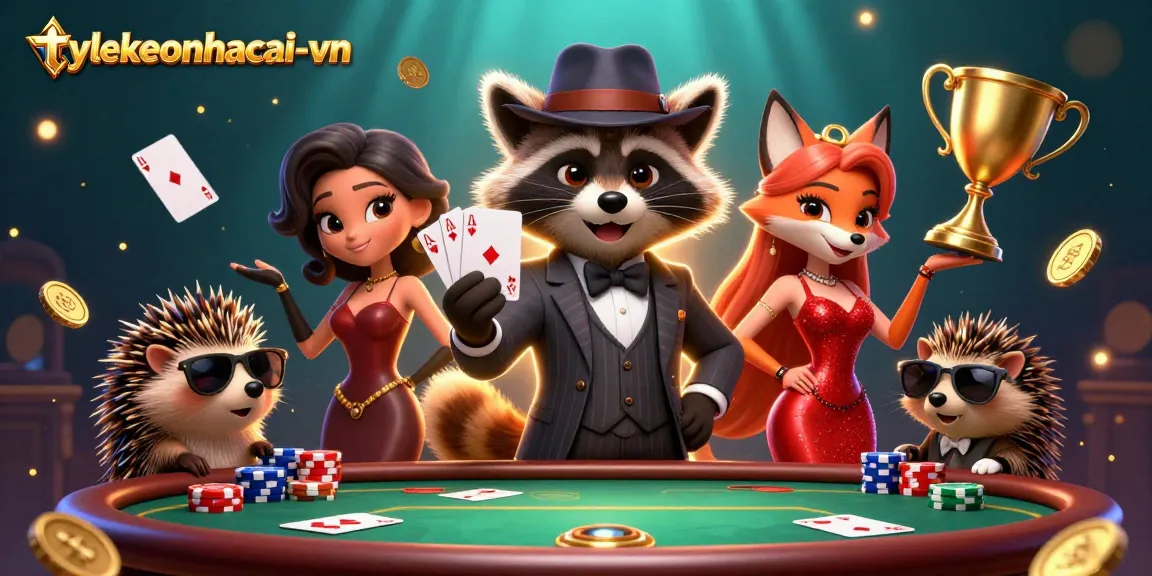Experience poker action with tylekeonhacai-vn as charming raccoon holds a royal flush